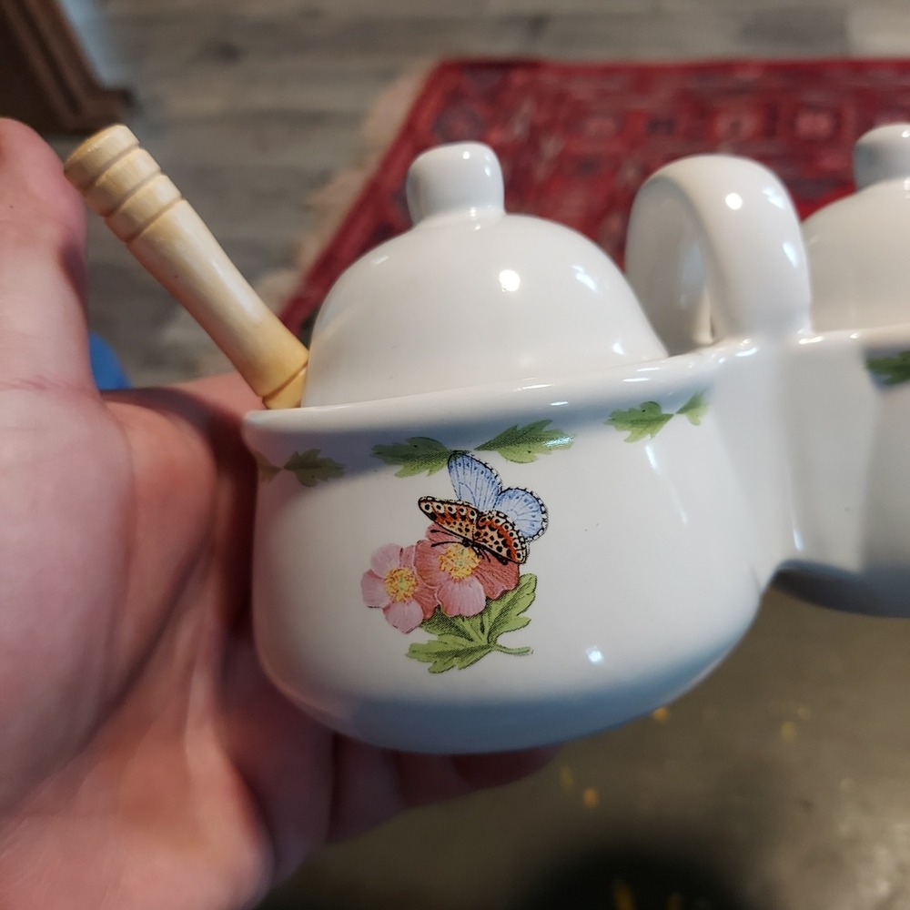 Houston Harvest Hallmark Butterfly Floral Ceramic Double Condiment Server Spoons - Picture 2 of 6
